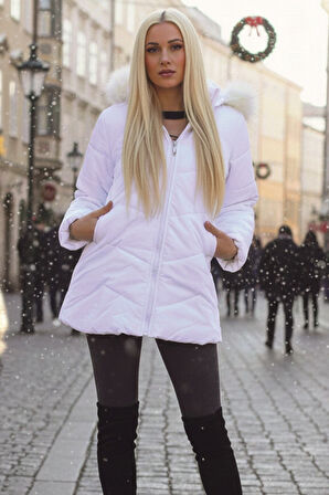 Kışlık Kürklü Kapüşonlu Kadın Şişme Mont