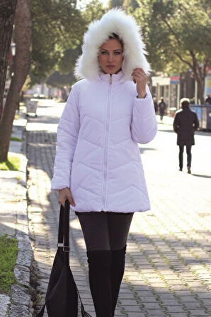 Kışlık Kürklü Kapüşonlu Kadın Şişme Mont