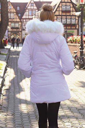 Kışlık Kürklü Kapüşonlu Kadın Şişme Mont