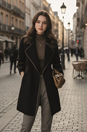 Kaşe Kadın Şık Yaka Kaban ve Kemer