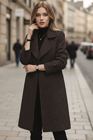 Kaşe Kadın Şık Yaka Kaban ve Kemer