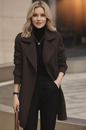 Kaşe Kadın Şık Yaka Kaban ve Kemer