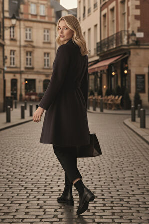 Kaşe Kadın Şık Yaka Kaban ve Kemer