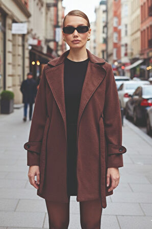 Kaşe Kadın Şık Yaka Kaban ve Kemer