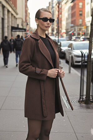 Kaşe Kadın Şık Yaka Kaban ve Kemer