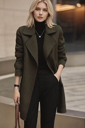 Kaşe Kadın Şık Tasarım Yaka Kaban ve Kemer