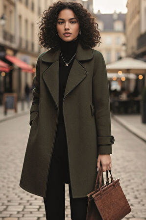 Kaşe Kadın Şık Tasarım Yaka Kaban ve Kemer