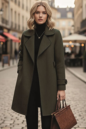 Kaşe Kadın Şık Tasarım Yaka Kaban ve Kemer