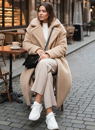 Peluş Kadın Düğmeli Tüylü Ceket co03krem4