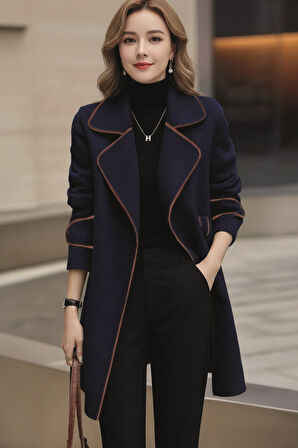 Özel Tasarım Kaşe Kadın Şık Yaka Kaban ve Kemer