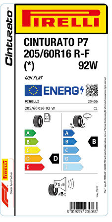 PİRELLİ 205/60R16 92W RFT * CİNTURATO P7 YAZ LASTİĞİ ÜRETİM YILI:2023