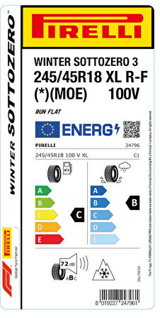 PİRELLİ 245/45R18 100V XL RFT * MOE WINTER SOTTOZERO KIŞ LASTİGİ ÜRETİM YILI:2023