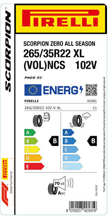 PİRELLİ 265/35R22 102V XL VOL NCS SCORPION ZERO AS DÖRT MEVSİM LASTİGİ ÜRETİM YILI:2024