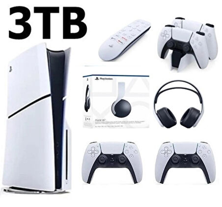 Playstation 5 Slim Cd Edition 3TB +2.Dualsense Kol +Media Kumanda+3D Plus Kulaklık+ Şarj İstasyonu