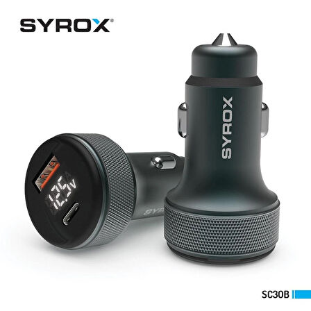 Syrox SC30B Araç Çakmaklık Şarj Aleti PD30W, 3.1Amper LCD Ekran + Auris CB46 Type-C To Type-C USB Kablo 25W 200Cm