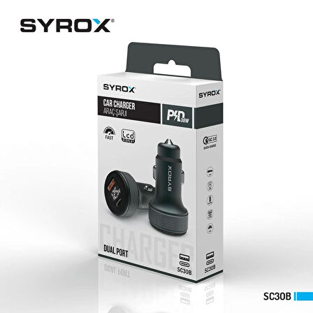 Syrox SC30B Araç Çakmaklık Şarj Aleti PD30W, 3.1Amper LCD Ekran + Auris CB46 Type-C To Type-C USB Kablo 25W 200Cm