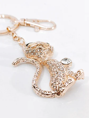 Zirkon Taşlı Rose Gold Kedi Figürlü Lüks Anahtarlık & Çanta Aksesuarı