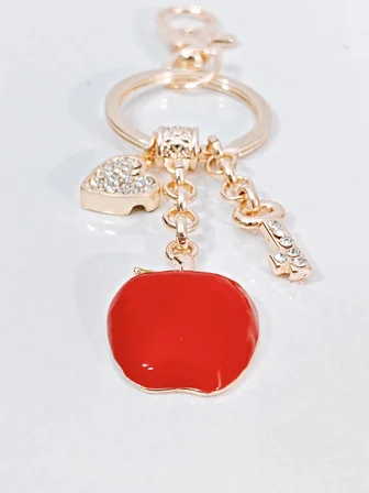 Zirkon Taşlı Kalp ve Anahtar Detaylı Kırmızı Elma Figürlü Rose Gold Anahtarlık
