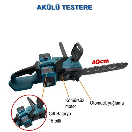 Haktaş SC5816 Profesyonel Kömürsüz Akülü 21V 4.5Ah Çift Akü Şarjlı Zincirli Testere Kesim Motoru