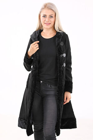 Tasarım Kaşe Kaşmir Kürk Detaylı Kadın Kaban