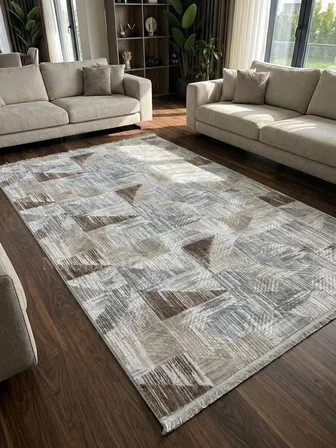 Gri Krem Kahve Kaymaz Taban Yıkanabilir Kesme Yolluk Halı Modern Desen