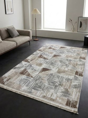 Gri Krem Kahve Kaymaz Taban Yıkanabilir Kesme Yolluk Halı Modern Desen