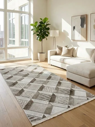 Krem Bej Saçaklı Modern Yıkanabilir Kabartmalı Kaymaz Taban Kesme Halı Yolluk