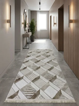 Krem Bej Saçaklı Modern Yıkanabilir Kabartmalı Kaymaz Taban Kesme Halı Yolluk