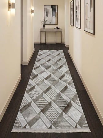 Krem Bej Saçaklı Modern Yıkanabilir Kabartmalı Kaymaz Taban Kesme Halı Yolluk