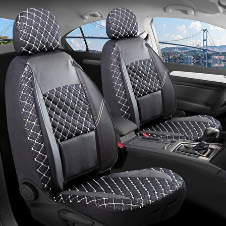 Volkswagen Amarok Uyumlu Yarı Deri Oto Koltuk Kılıfı Ön Arka Set Alpine Model Siyah Beyaz SC