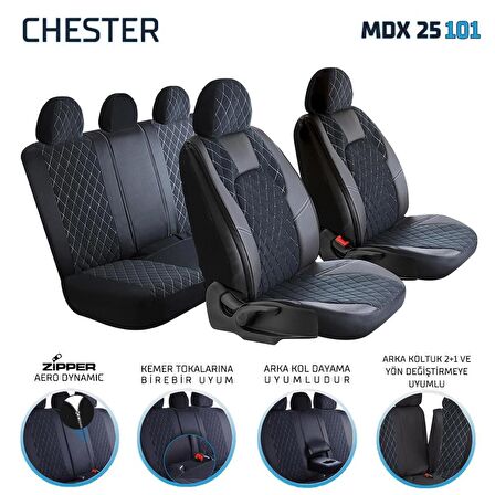
Suzuki Swift Uyumlu Yarı Deri Oto Koltuk Kılıfı Ön Arka Set Chester Serisi Siyah Beyaz SC