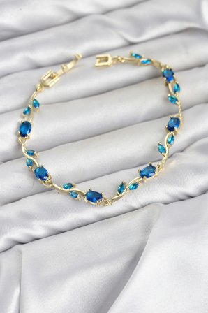 Pirinç Gold Renk Mavi Zirkon Taşlı Çiçek Model Kadın Bileklik TJ-BB8575