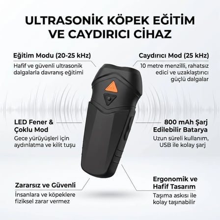Şarj Edilebilir Ultrasonik ve Havlama Önleyici Eğitim Cihazı - LED Fenerli 10 Metre Menzil