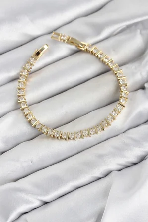 CM Şerit Model Zirkon Taşlı VIP Seri Gold Renk Pirinç Kadın Bileklik TJ-BB8606
