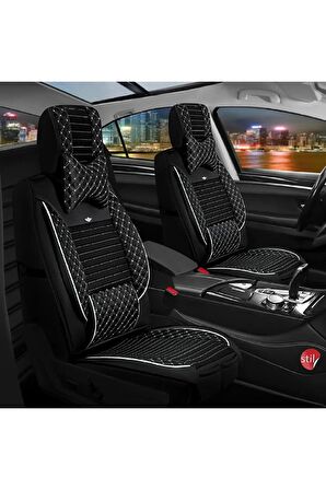 Kia Sportage Uyumlu Lüx Deri Oto Koltuk Kılıfı Ön Arka Set Siyah Beyaz Elit Series