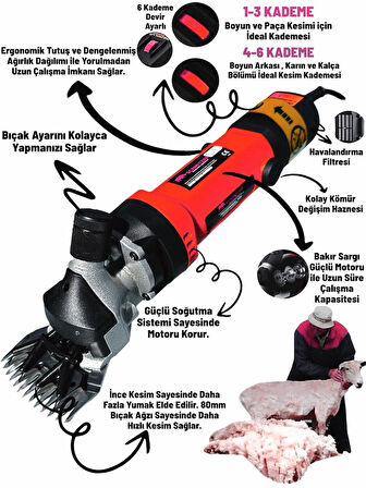 Pro Seri Metal Şanzuman Profesyonel Koyun Keçi Kırpma-Kırkma Makinası 6 Kademe Devir Ayarlı