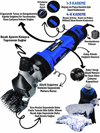 Pro Seri Metal Şanzuman Profesyonel Koyun Keçi Kırpma-Kırkma Makinası 6 Kademe Devir Ayarlı