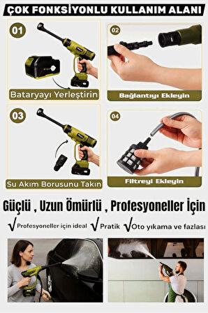 21V Brushless Motor Yüksek Basınçlı Şarjlı Oto Halı Ağaç Bahçe Araba Yıkama Sulama Temizleme Makinesi Tabancası 3 Kademe Dijital Göstergeli