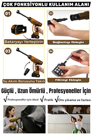21V Brushless Motor Yüksek Basınçlı Şarjlı Oto Halı Ağaç Bahçe Araba Yıkama Sulama Temizleme Makinesi Tabancası 3 Kademe Dijital Göstergeli