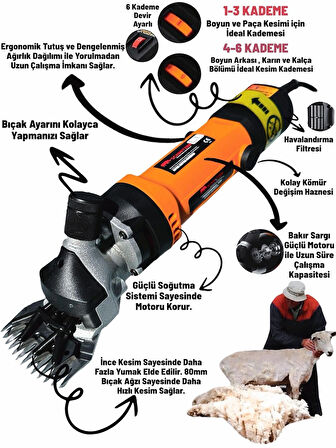 Pro Seri Metal Şanzuman Profesyonel Koyun Keçi Kırpma-Kırkma Makinası 6 Kademe Devir Ayarlı