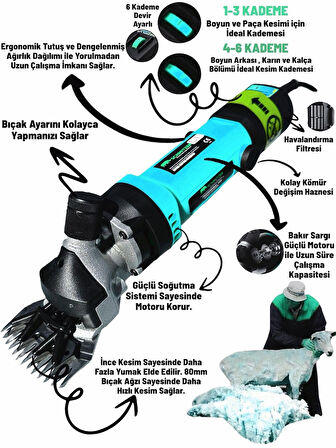 Pro Seri Metal Şanzuman Profesyonel Koyun Keçi Kırpma-Kırkma Makinası 6 Kademe Devir Ayarlı