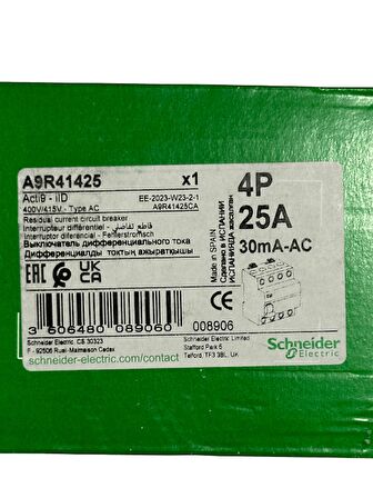 Schneider 4P 25A 30mA Kaçak Akım Rölesi