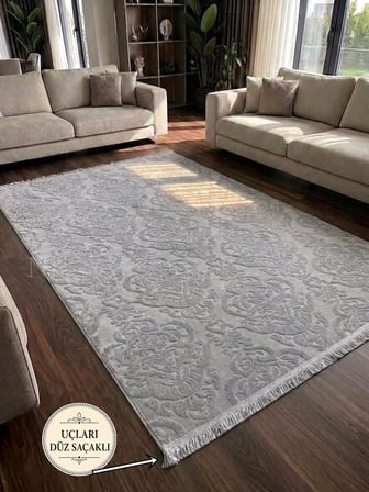 Rölyef Gri Joy Saçaklı Modern Yumuşak Dokulu Kabartmalı Kaymaz Taban Kesme Halı Yolluk