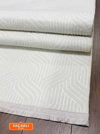 Elit Kabartmalı Krem Saçaklı Yıkanabilir Kaymaz Taban Kesme Yolluk Salon Mutfak Oturma Odası Halı