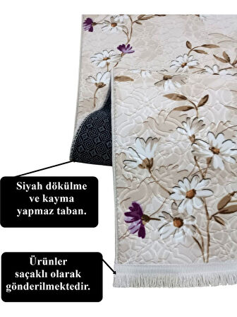 Elit Saçaklı Lila Kahve Çiçekli Kabartmalı Kaymaz Taban Yıkanabilir Kesme Yolluk Halı
