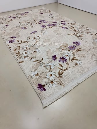 Elit Saçaklı Lila Kahve Çiçekli Kabartmalı Kaymaz Taban Yıkanabilir Kesme Yolluk Halı