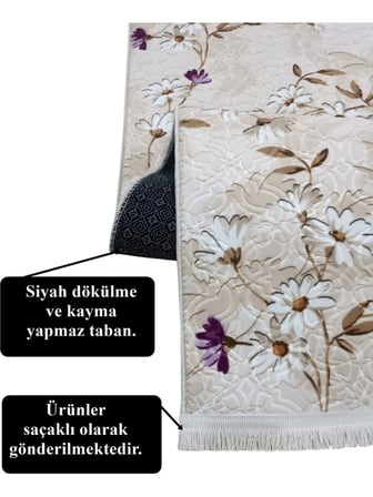 Elit Saçaklı Lila Kahve Çiçekli Kabartmalı Kaymaz Taban Yıkanabilir Kesme Yolluk Halı