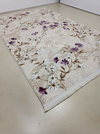 Elit Saçaklı Lila Kahve Çiçekli Kabartmalı Kaymaz Taban Yıkanabilir Kesme Yolluk Halı