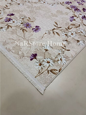 Elit Saçaklı Lila Kahve Çiçekli Kabartmalı Kaymaz Taban Yıkanabilir Kesme Yolluk Halı