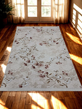 Elit Saçaklı Pembe Kahve Çiçekli Kabartmalı Kaymaz Taban Yıkanabilir Kesme Yolluk Halı